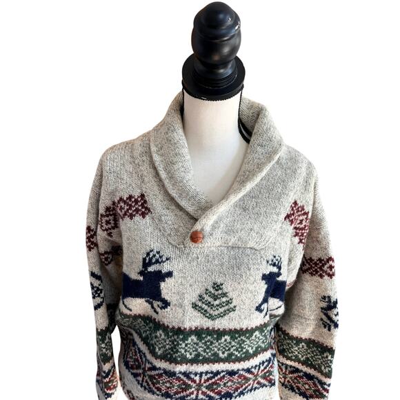 Vintage Woolrich Wool Shawl Collar Reindeer Nordic Sweater Men’s L - Picture 2 of 5